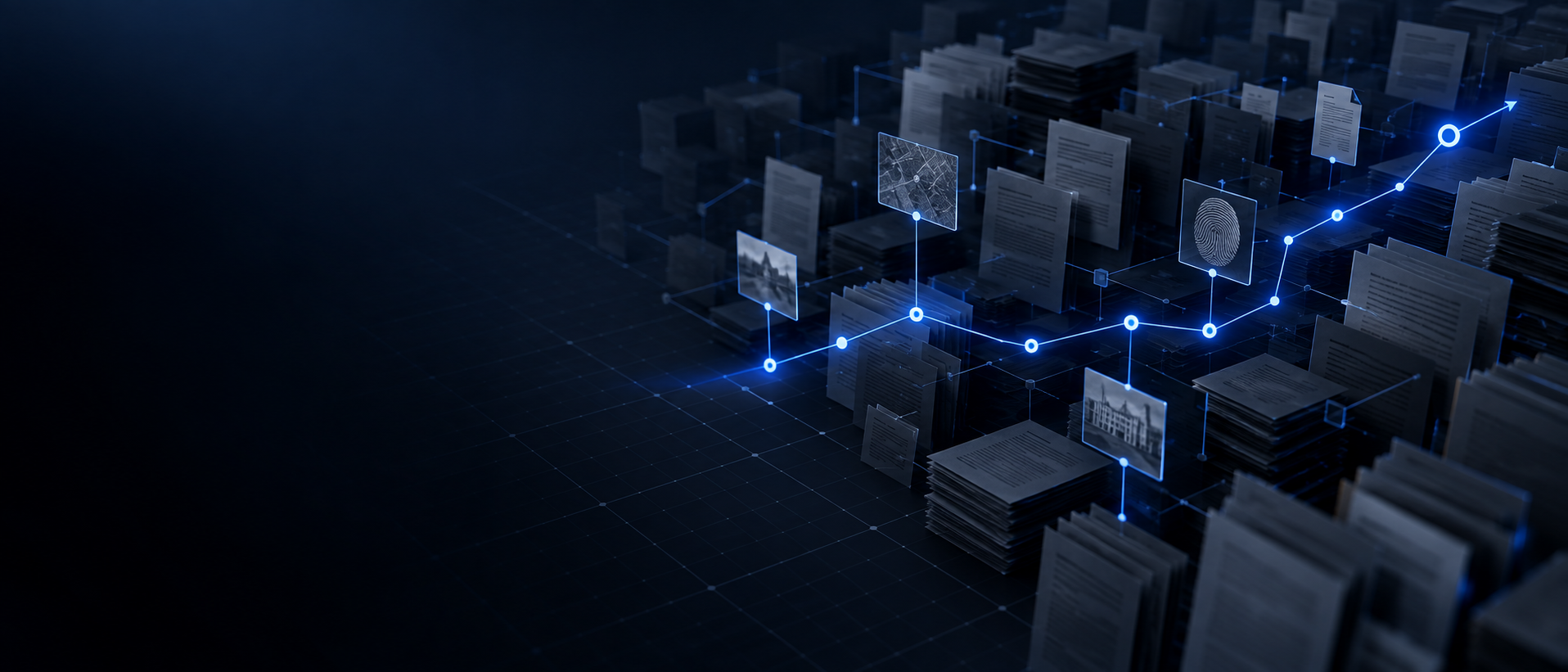 Abstract network of legal documents connected by a luminous procedural path